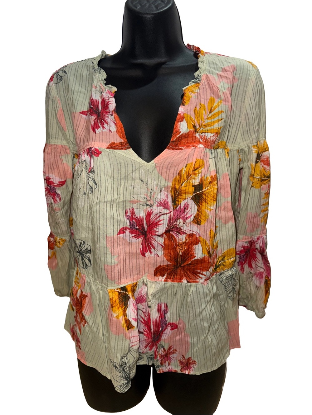 Express Light SageFloral V-Neck Blouse with Pink & Yellow Blooms